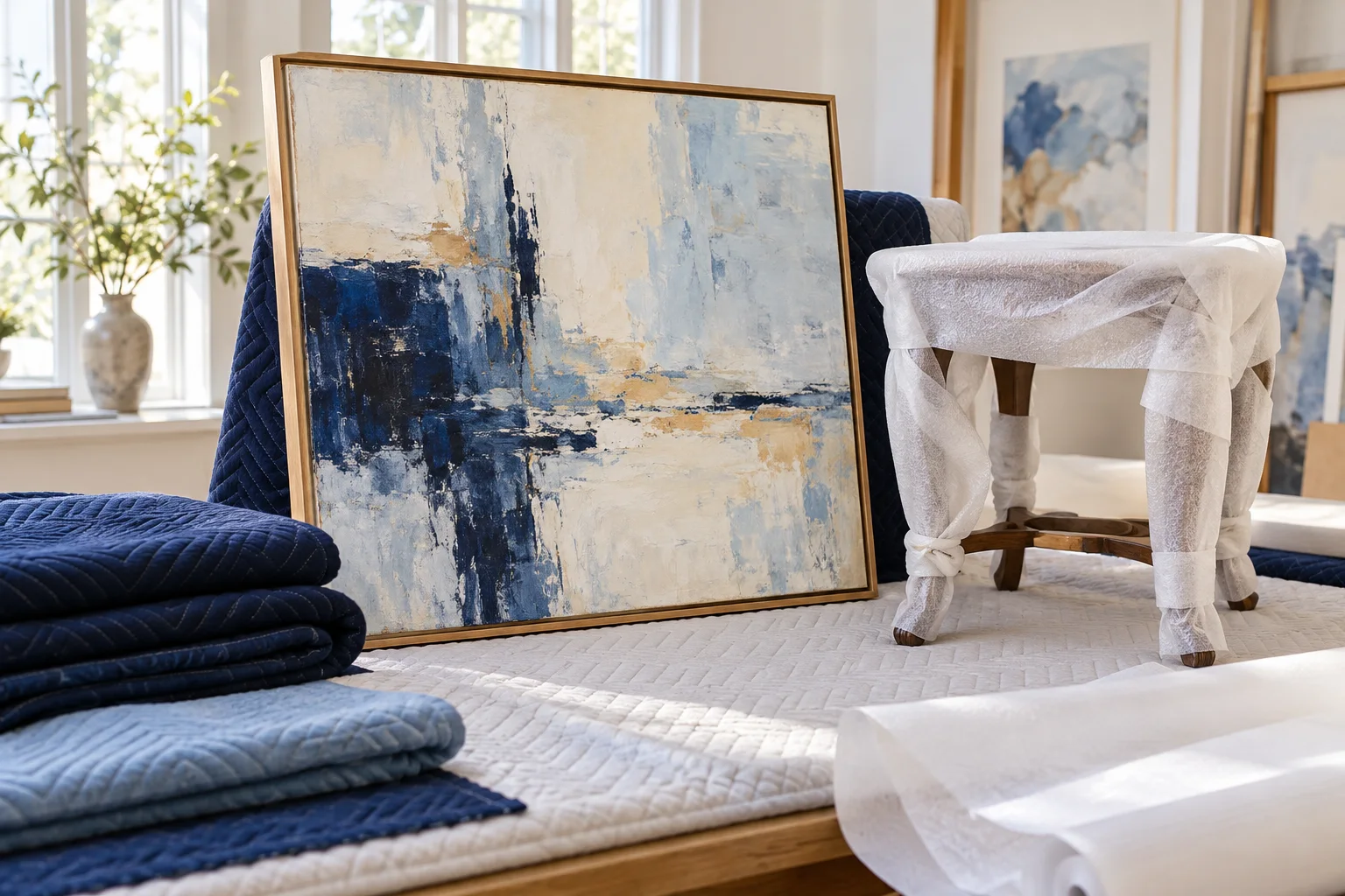 Framed artwork and an antique protected for transport