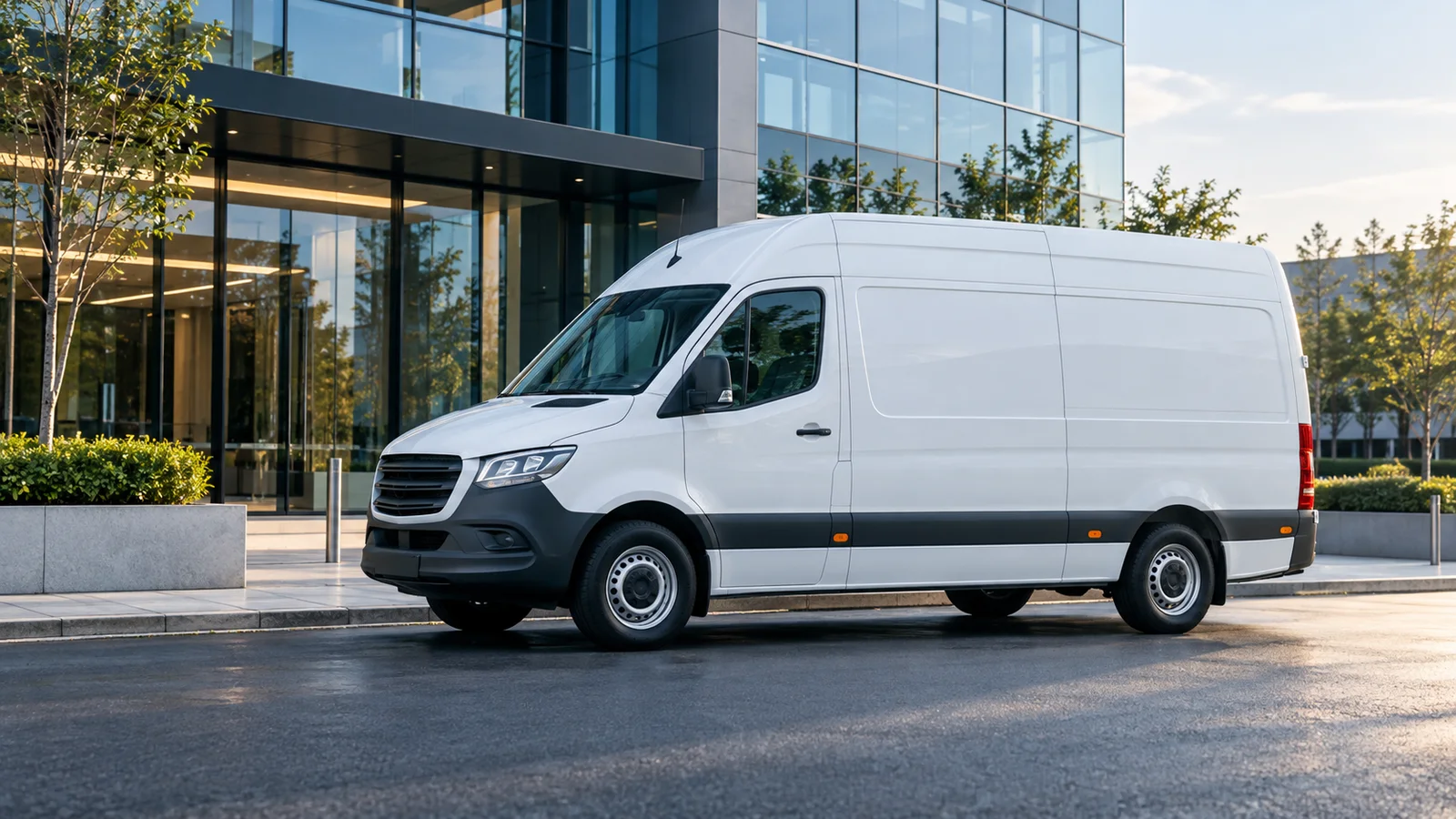 Illustrative white cargo delivery van outside a modern office building