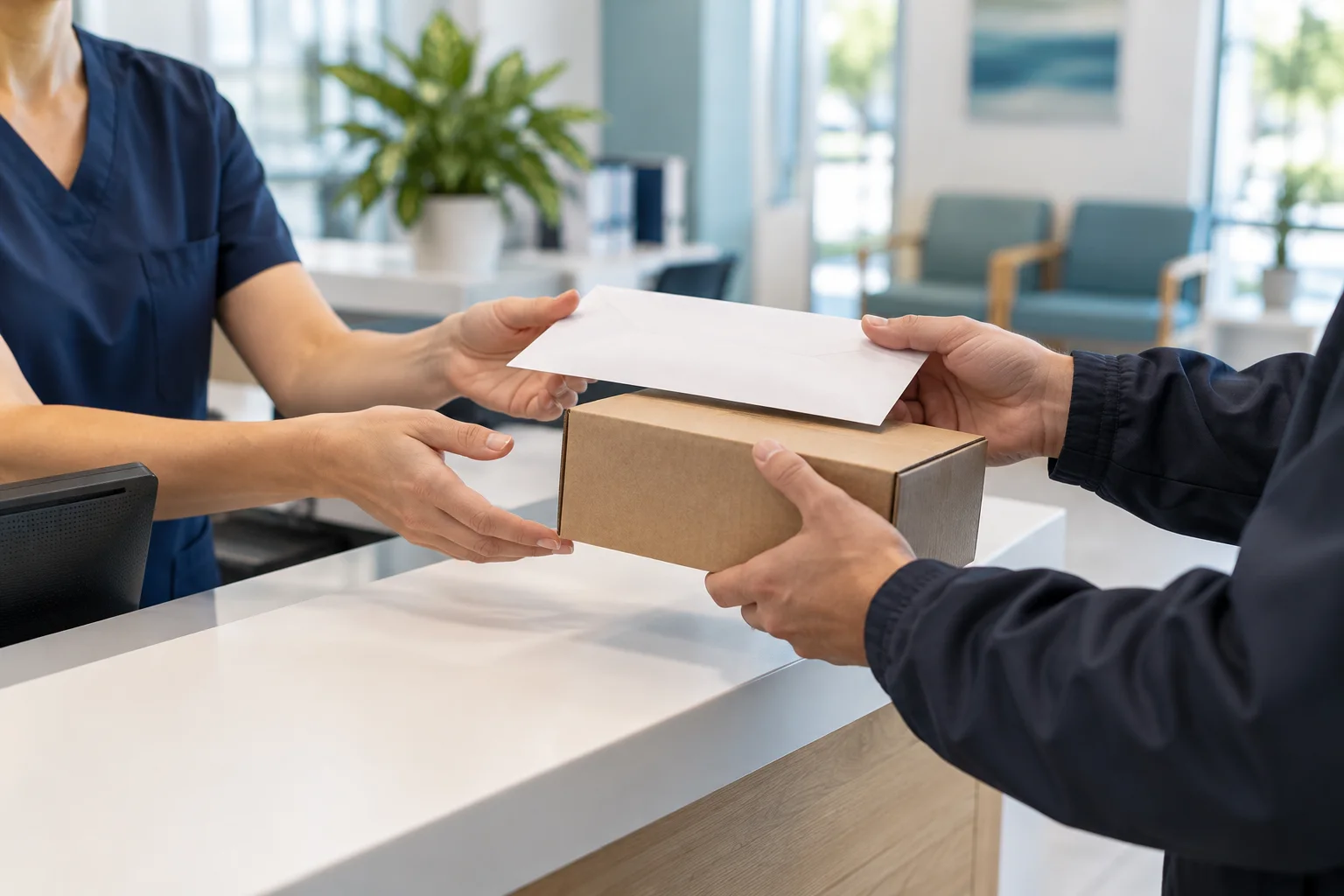 Package and document handoff at a healthcare reception desk