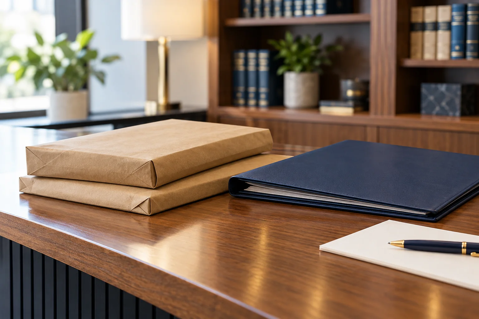 Business document envelopes and a navy folder at an office