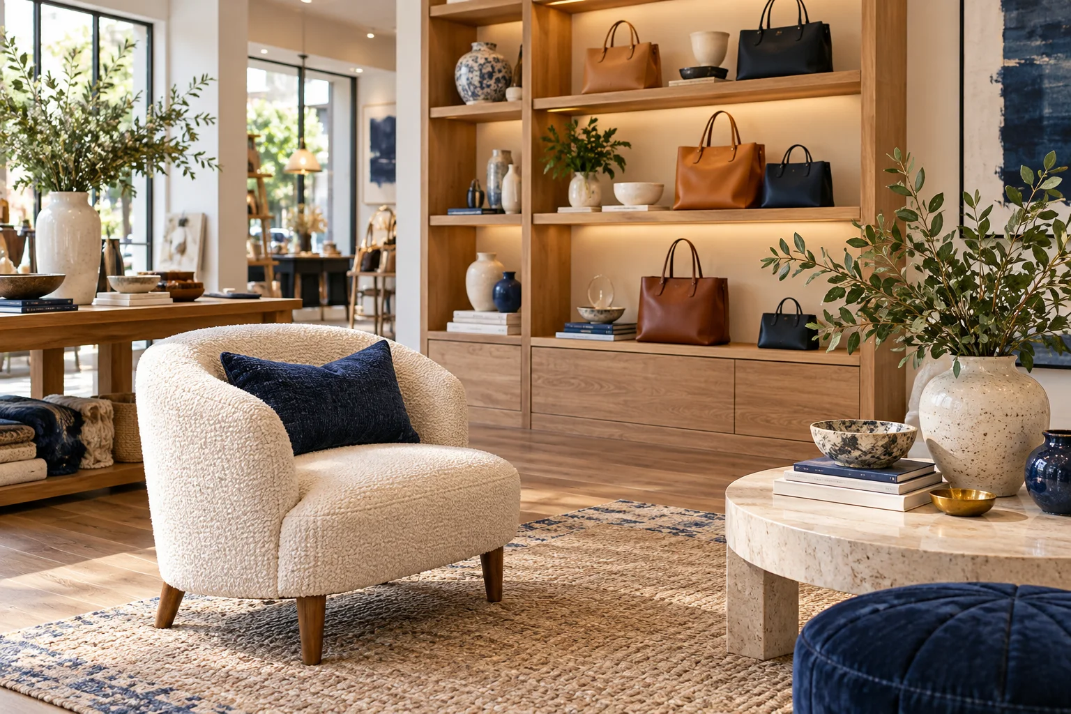 Illustrative boutique with handbags, furniture and decorative pieces